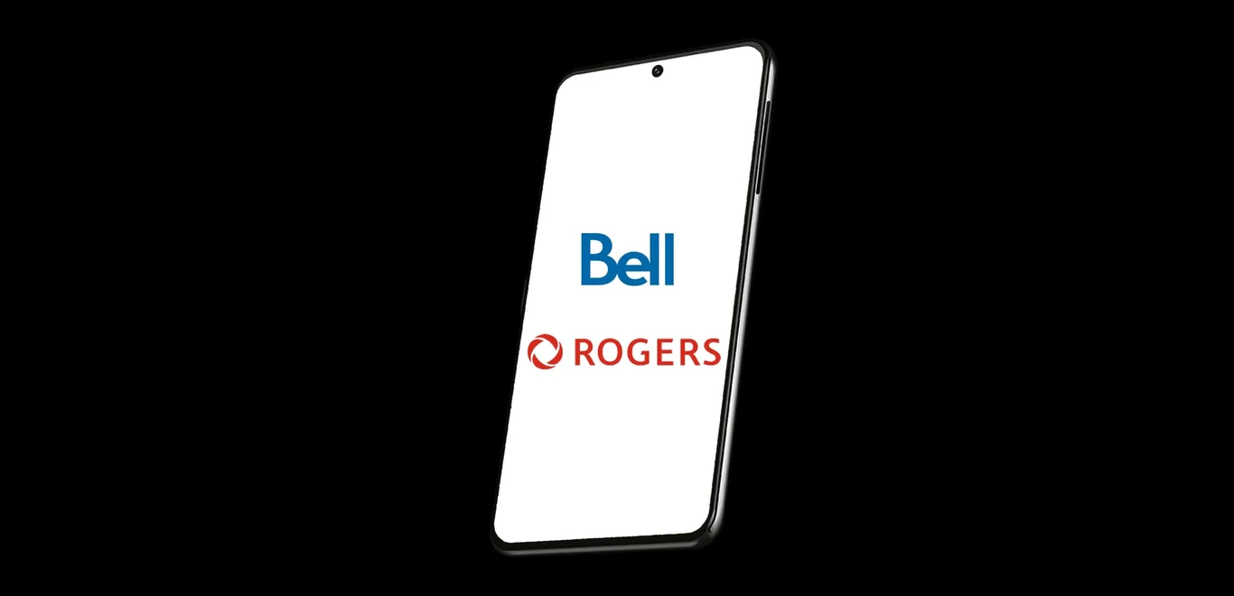 A phone with a white screen displaying Rogers and Bell logos