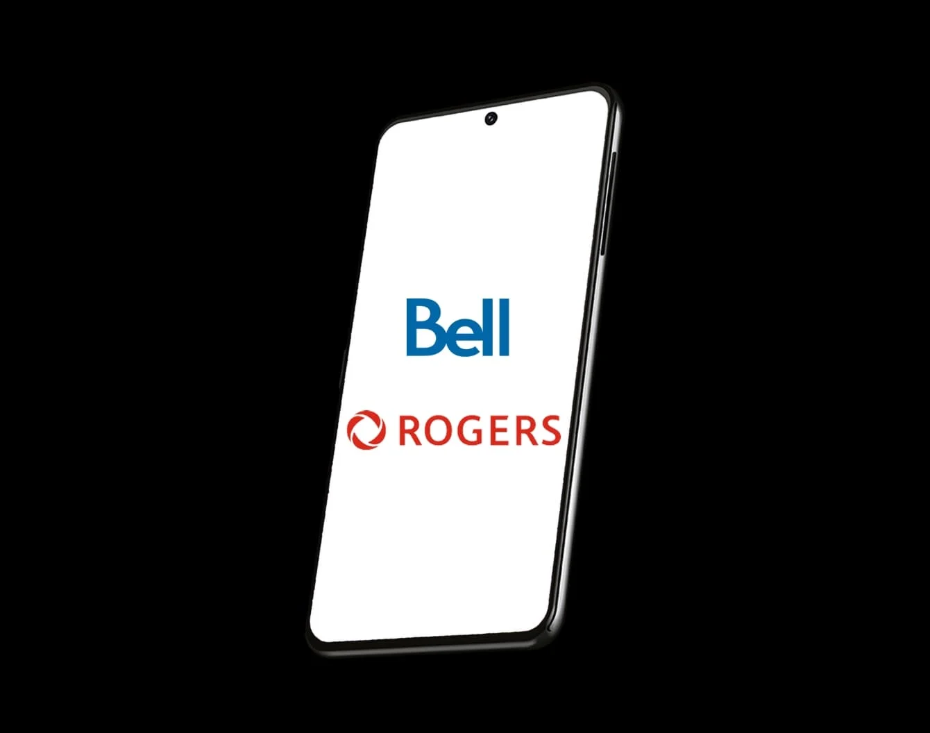 A phone with a white screen displaying Rogers and Bell logos